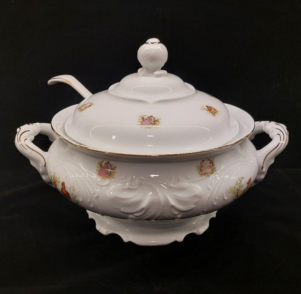 Vintage Wawel Poland Porcelain Soup Tureen Set with Lid Ladle Gold Trim China